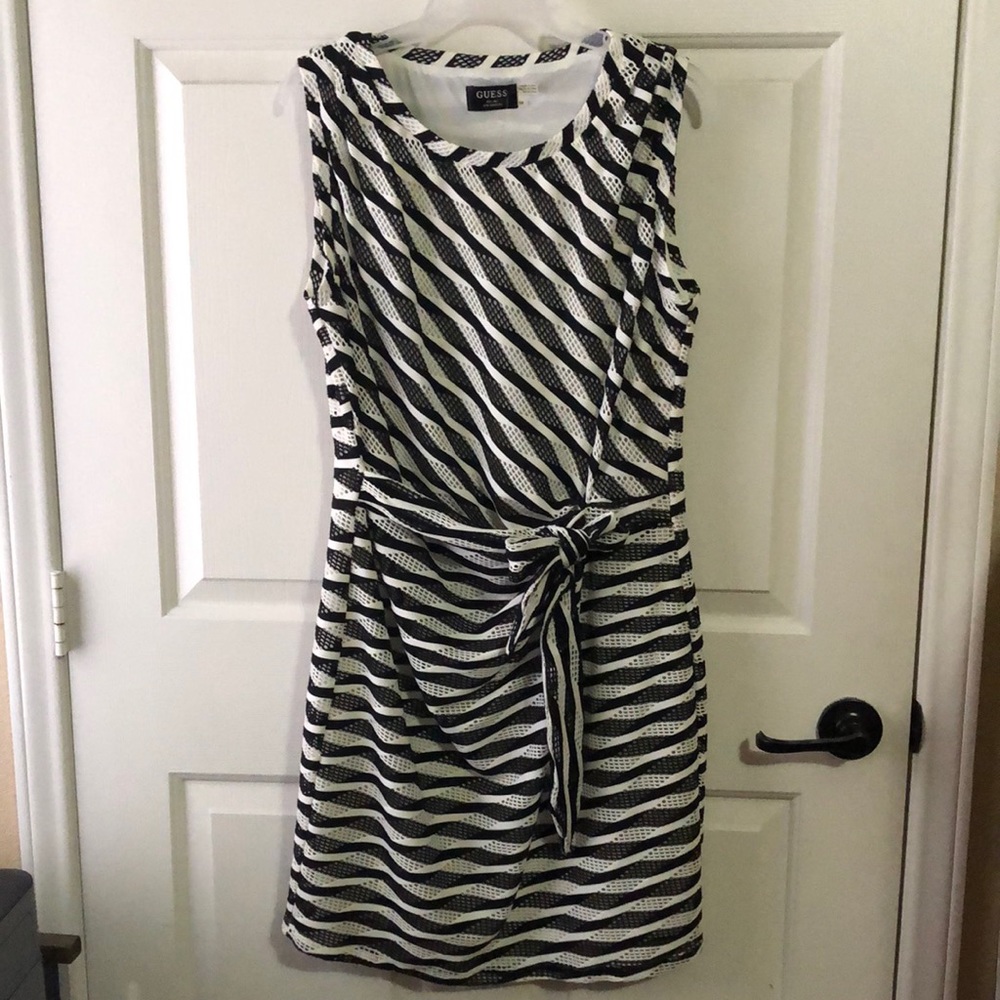 Guess Dress Women Sz 14 Sleeveless Round Neck Geometrical Draped Bow Black NWOT